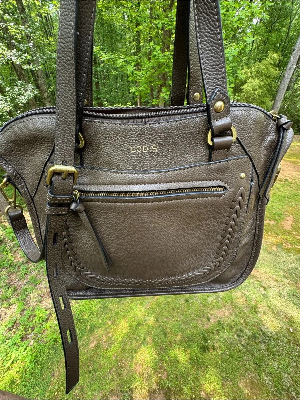 Lodis Margo Brown Olive Leather Satchel Crossbody Braided Top Handle